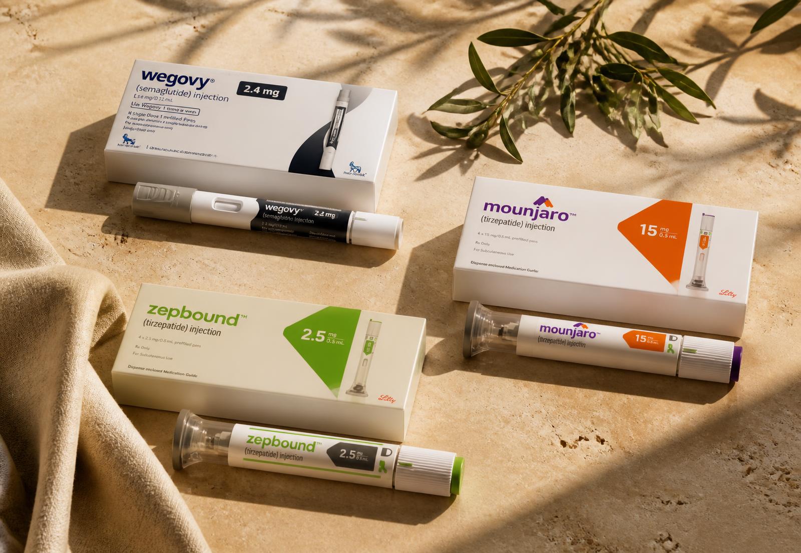 Editorial still life of GLP-1 injection pens and packaging on a warm travertine surface